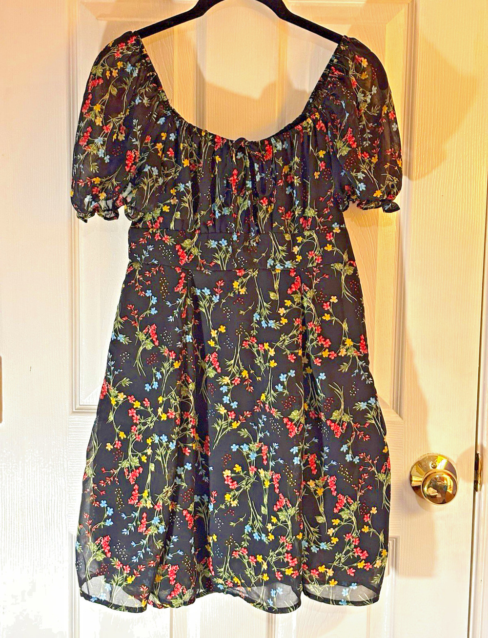 miami Women’s Black Floral Off-the-Shoulder Chiffon Mini Dress S Puff Sleeve
